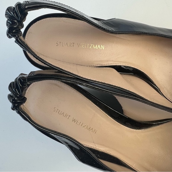 Stuart Weitzman Peep Toe Patent Leather Platform Slingback Wedges - Picture 11 of 12